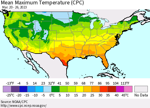 United States Mean Maximum Temperature (CPC) Thematic Map For 3/20/2023 - 3/26/2023