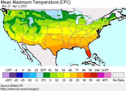 United States Mean Maximum Temperature (CPC) Thematic Map For 3/27/2023 - 4/2/2023