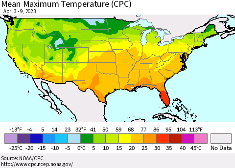 United States Mean Maximum Temperature (CPC) Thematic Map For 4/3/2023 - 4/9/2023