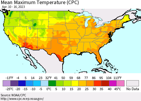 United States Mean Maximum Temperature (CPC) Thematic Map For 4/10/2023 - 4/16/2023