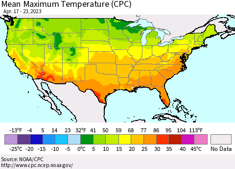 United States Mean Maximum Temperature (CPC) Thematic Map For 4/17/2023 - 4/23/2023
