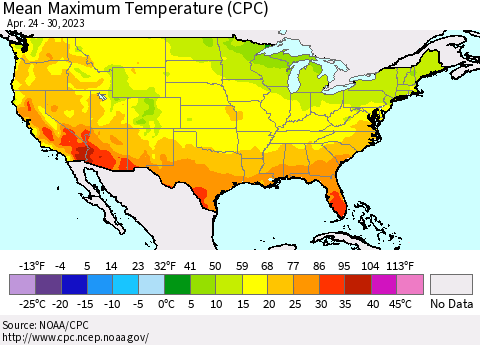 United States Mean Maximum Temperature (CPC) Thematic Map For 4/24/2023 - 4/30/2023
