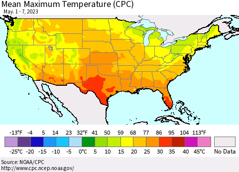 United States Mean Maximum Temperature (CPC) Thematic Map For 5/1/2023 - 5/7/2023