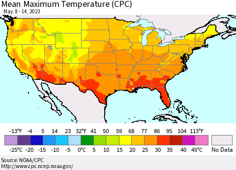 United States Mean Maximum Temperature (CPC) Thematic Map For 5/8/2023 - 5/14/2023