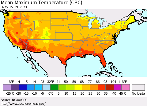 United States Mean Maximum Temperature (CPC) Thematic Map For 5/15/2023 - 5/21/2023