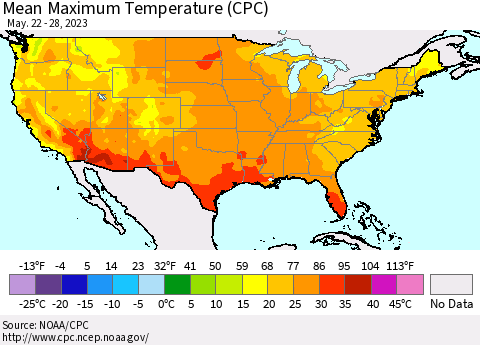 United States Mean Maximum Temperature (CPC) Thematic Map For 5/22/2023 - 5/28/2023