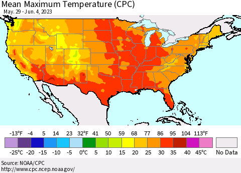 United States Mean Maximum Temperature (CPC) Thematic Map For 5/29/2023 - 6/4/2023