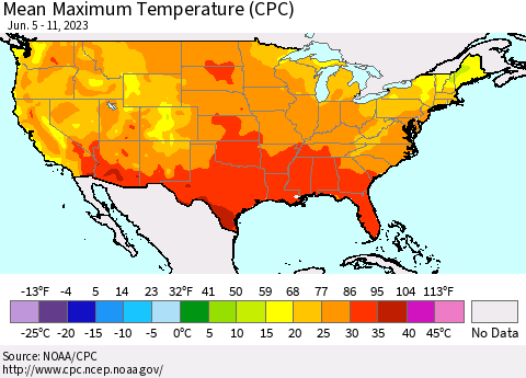 United States Mean Maximum Temperature (CPC) Thematic Map For 6/5/2023 - 6/11/2023