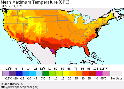 United States Mean Maximum Temperature (CPC) Thematic Map For 6/12/2023 - 6/18/2023