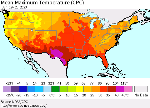 United States Mean Maximum Temperature (CPC) Thematic Map For 6/19/2023 - 6/25/2023