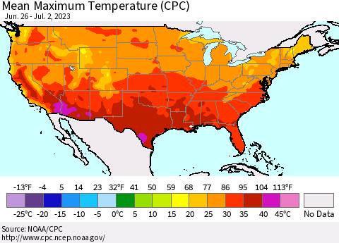 United States Mean Maximum Temperature (CPC) Thematic Map For 6/26/2023 - 7/2/2023