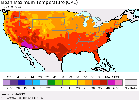 United States Mean Maximum Temperature (CPC) Thematic Map For 7/3/2023 - 7/9/2023