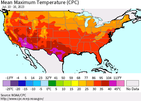 United States Mean Maximum Temperature (CPC) Thematic Map For 7/10/2023 - 7/16/2023