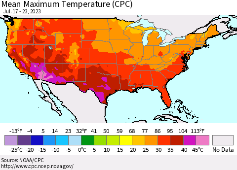 United States Mean Maximum Temperature (CPC) Thematic Map For 7/17/2023 - 7/23/2023