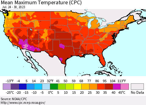 United States Mean Maximum Temperature (CPC) Thematic Map For 7/24/2023 - 7/30/2023