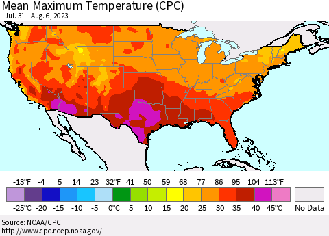 United States Mean Maximum Temperature (CPC) Thematic Map For 7/31/2023 - 8/6/2023