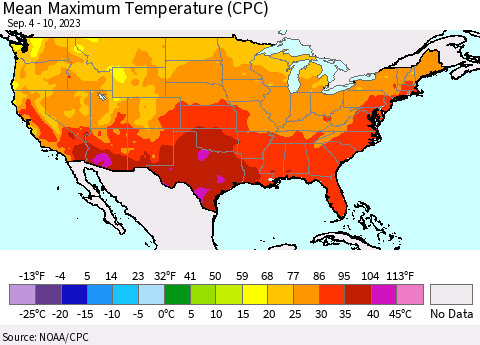 United States Mean Maximum Temperature (CPC) Thematic Map For 9/4/2023 - 9/10/2023