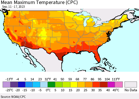 United States Mean Maximum Temperature (CPC) Thematic Map For 9/11/2023 - 9/17/2023