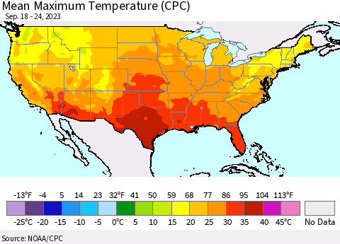 United States Mean Maximum Temperature (CPC) Thematic Map For 9/18/2023 - 9/24/2023