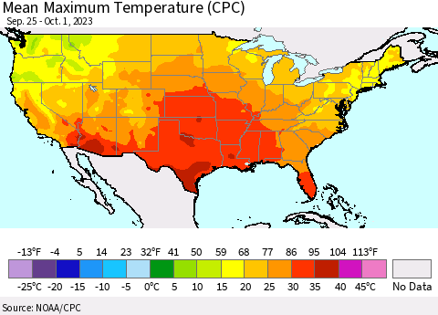 United States Mean Maximum Temperature (CPC) Thematic Map For 9/25/2023 - 10/1/2023