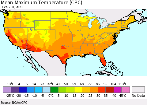 United States Mean Maximum Temperature (CPC) Thematic Map For 10/2/2023 - 10/8/2023