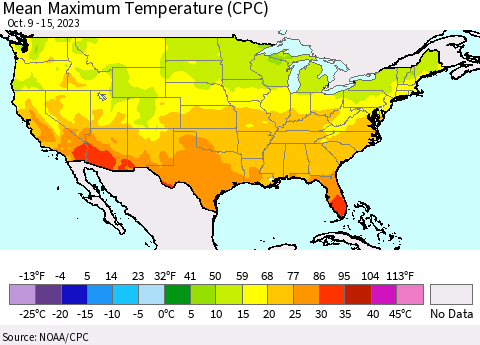 United States Mean Maximum Temperature (CPC) Thematic Map For 10/9/2023 - 10/15/2023