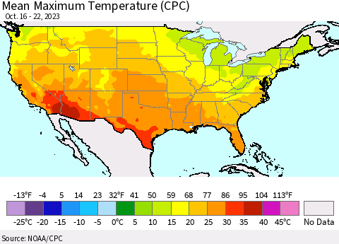 United States Mean Maximum Temperature (CPC) Thematic Map For 10/16/2023 - 10/22/2023