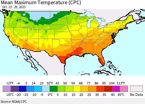 United States Mean Maximum Temperature (CPC) Thematic Map For 10/23/2023 - 10/29/2023