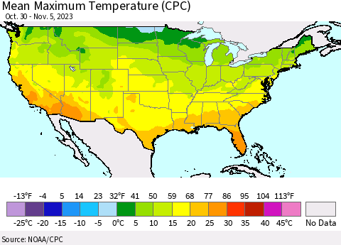 United States Mean Maximum Temperature (CPC) Thematic Map For 10/30/2023 - 11/5/2023