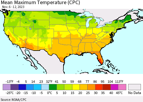 United States Mean Maximum Temperature (CPC) Thematic Map For 11/6/2023 - 11/12/2023