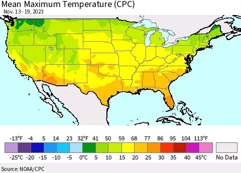 United States Mean Maximum Temperature (CPC) Thematic Map For 11/13/2023 - 11/19/2023