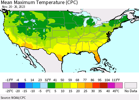 United States Mean Maximum Temperature (CPC) Thematic Map For 11/20/2023 - 11/26/2023