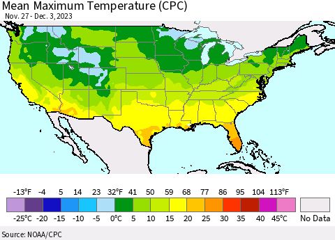 United States Mean Maximum Temperature (CPC) Thematic Map For 11/27/2023 - 12/3/2023