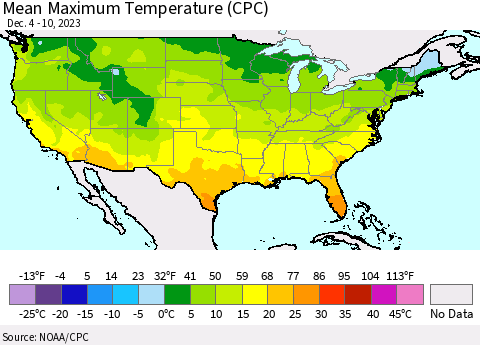 United States Mean Maximum Temperature (CPC) Thematic Map For 12/4/2023 - 12/10/2023