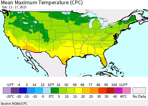 United States Mean Maximum Temperature (CPC) Thematic Map For 12/11/2023 - 12/17/2023