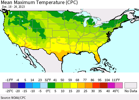 United States Mean Maximum Temperature (CPC) Thematic Map For 12/18/2023 - 12/24/2023