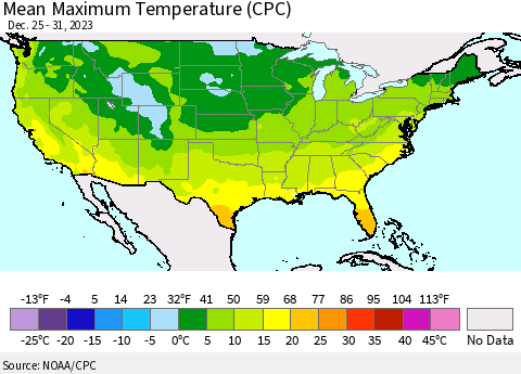 United States Mean Maximum Temperature (CPC) Thematic Map For 12/25/2023 - 12/31/2023