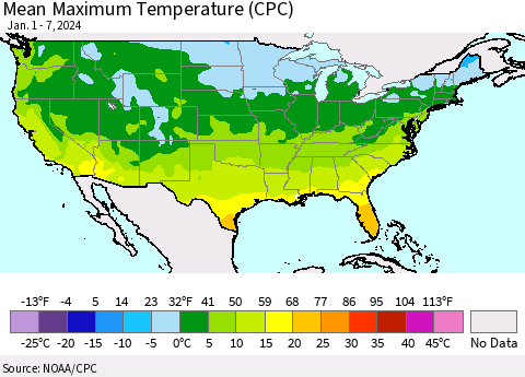 United States Mean Maximum Temperature (CPC) Thematic Map For 1/1/2024 - 1/7/2024
