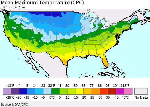 United States Mean Maximum Temperature (CPC) Thematic Map For 1/8/2024 - 1/14/2024