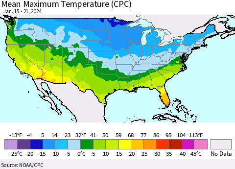 United States Mean Maximum Temperature (CPC) Thematic Map For 1/15/2024 - 1/21/2024