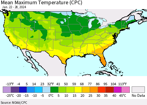 United States Mean Maximum Temperature (CPC) Thematic Map For 1/22/2024 - 1/28/2024