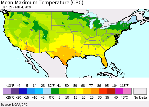 United States Mean Maximum Temperature (CPC) Thematic Map For 1/29/2024 - 2/4/2024