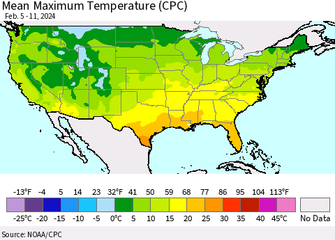 United States Mean Maximum Temperature (CPC) Thematic Map For 2/5/2024 - 2/11/2024