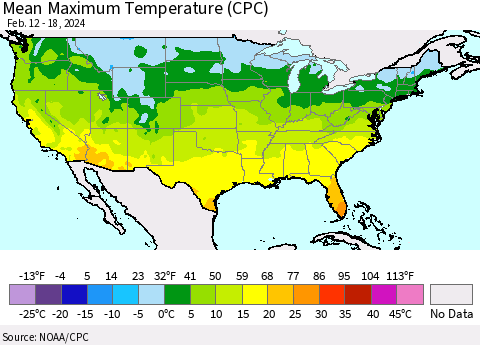 United States Mean Maximum Temperature (CPC) Thematic Map For 2/12/2024 - 2/18/2024