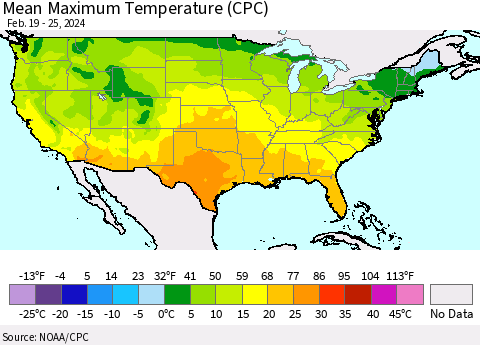 United States Mean Maximum Temperature (CPC) Thematic Map For 2/19/2024 - 2/25/2024