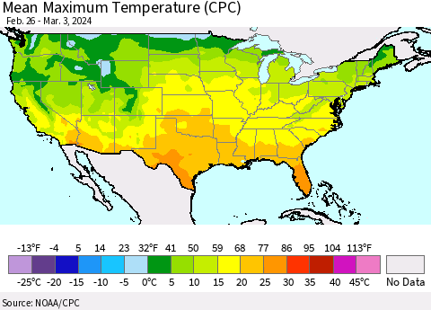 United States Mean Maximum Temperature (CPC) Thematic Map For 2/26/2024 - 3/3/2024