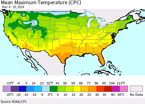 United States Mean Maximum Temperature (CPC) Thematic Map For 3/4/2024 - 3/10/2024