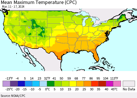 United States Mean Maximum Temperature (CPC) Thematic Map For 3/11/2024 - 3/17/2024