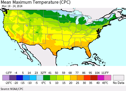 United States Mean Maximum Temperature (CPC) Thematic Map For 3/18/2024 - 3/24/2024