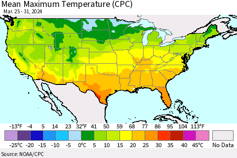 United States Mean Maximum Temperature (CPC) Thematic Map For 3/25/2024 - 3/31/2024
